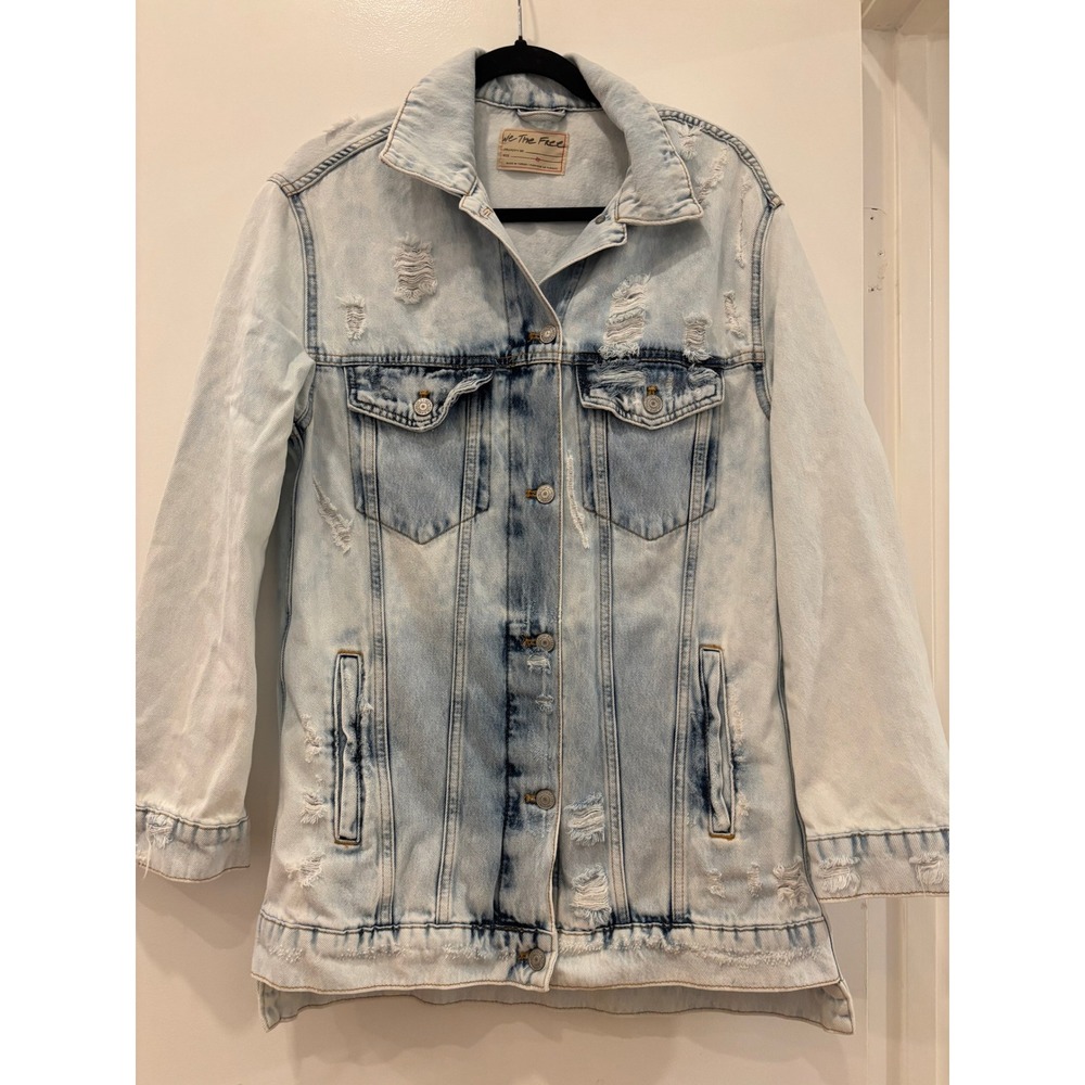We The Free Free People Distressed Denim Jacket Blazer Light Wash XS Longline